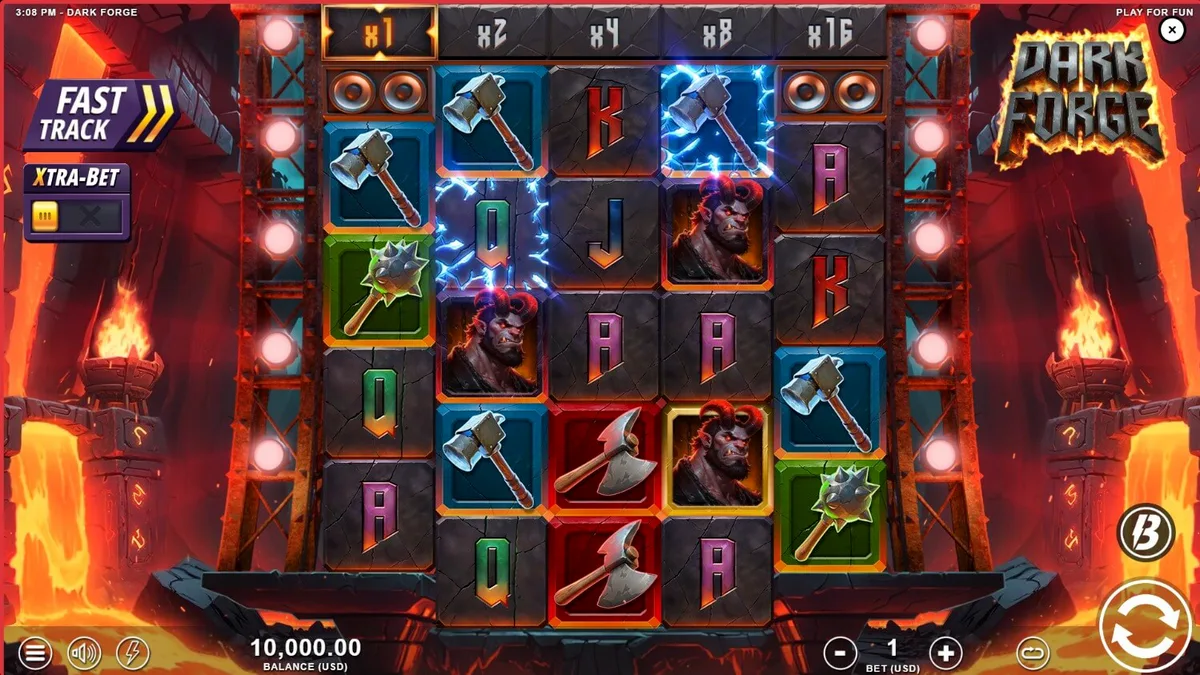 Tampilan visual slot Dark Forge dengan tema bengkel iblis yang membara