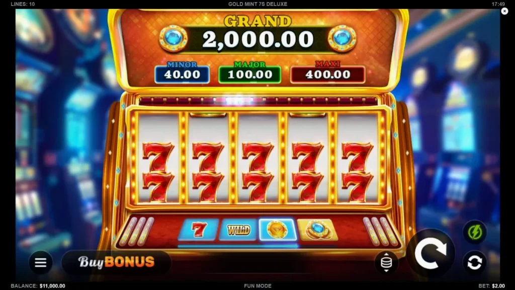 Tampilan visual slot Gold Mint 7s Deluxe yang mewah dengan simbol emas dan permata