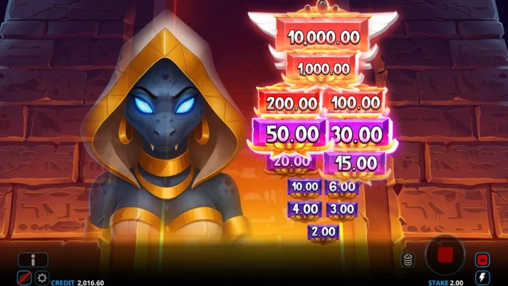 Tampilan visual slot Ammit Hellfire dengan karakter dewi Ammit dan grid permainan yang penuh warna