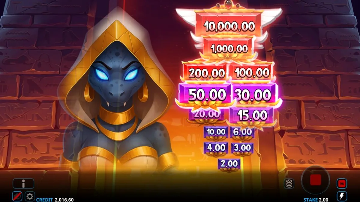 Tampilan visual slot Ammit Hellfire dengan karakter dewi Ammit dan grid permainan yang penuh warna