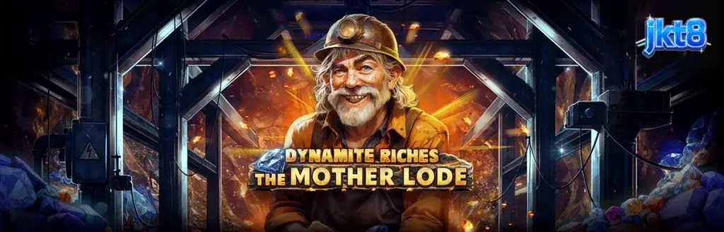 Tampilan visual slot Dynamite Riches The Mother Lode dengan latar belakang tambang emas.
